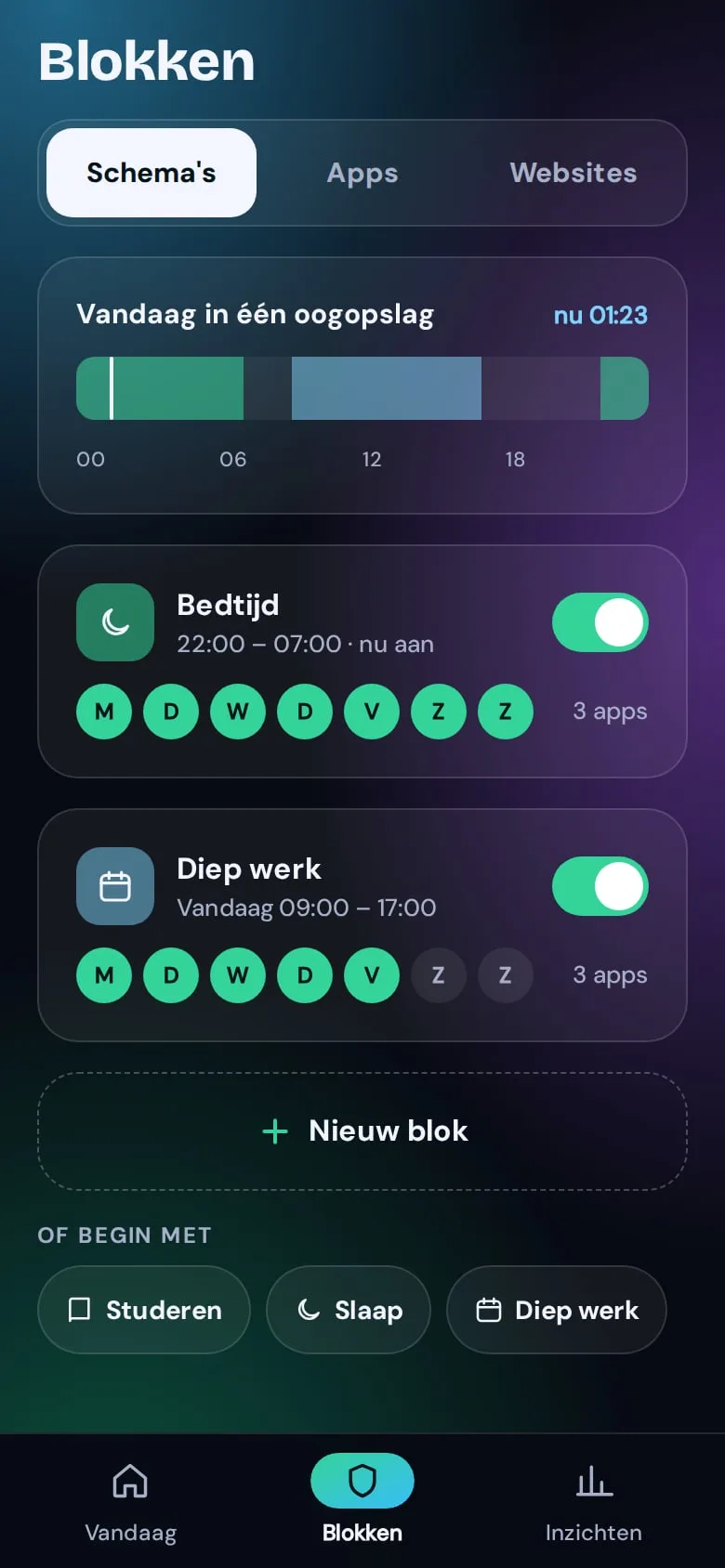 Je schema's in ScreenLimit: Bedtijd en Diep werk.
