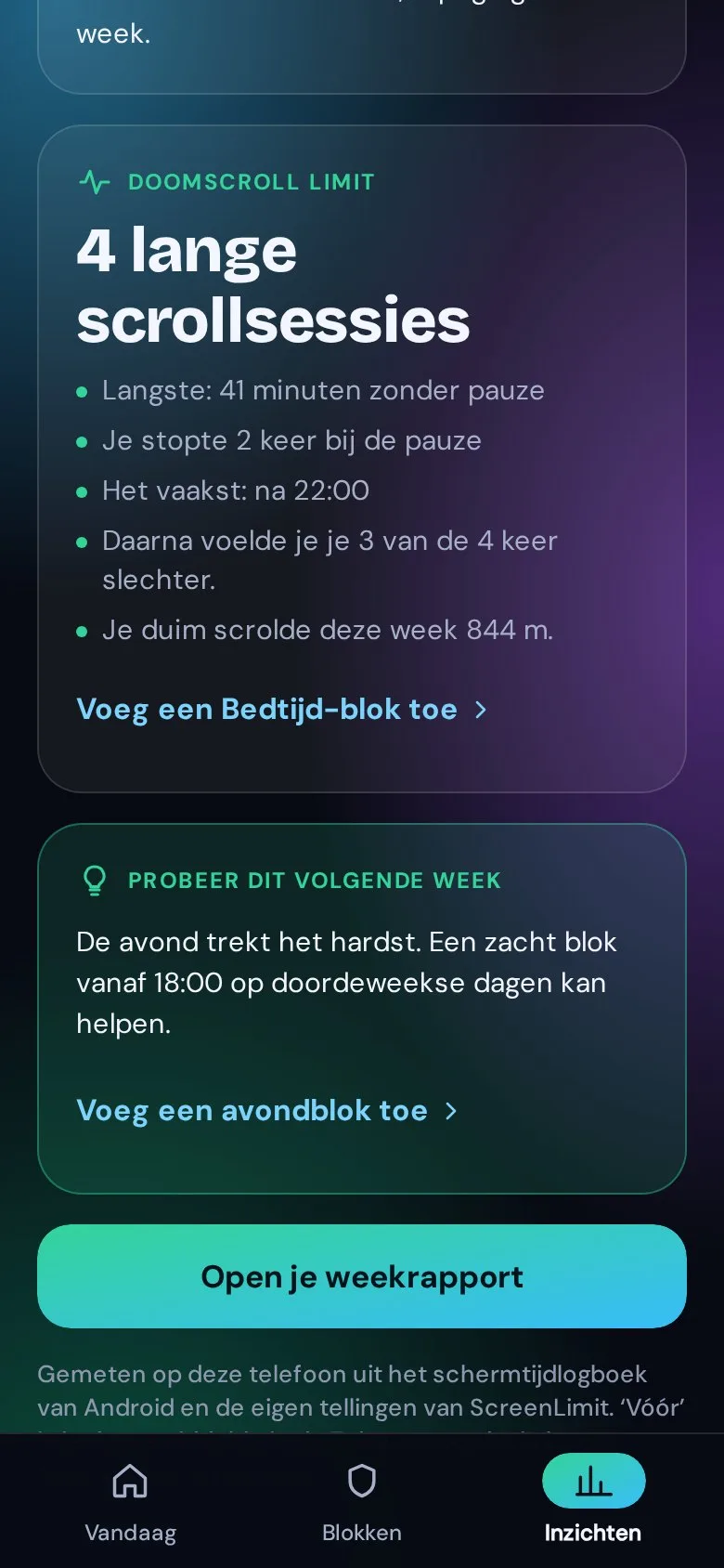 Inzichten in ScreenLimit: de lange scrollsessies van deze week, de langste, en hoe ze voelden.